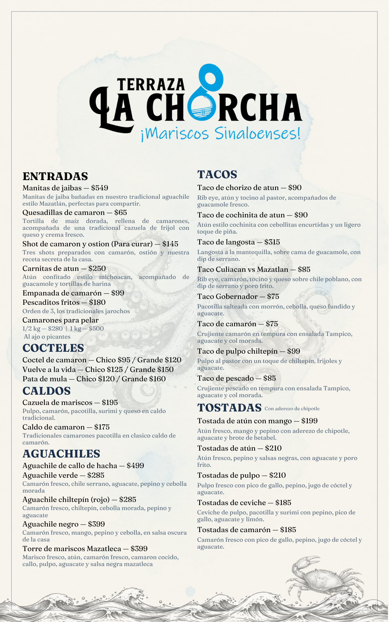 Menú: Entradas, Cocteles, Caldos, Aguachiles, Tacos y Tostadas
