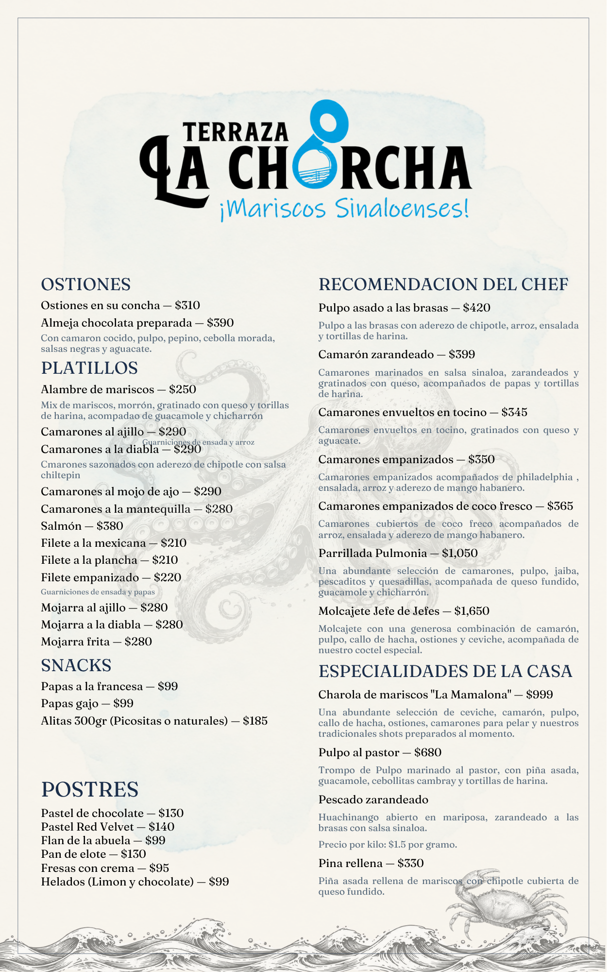 Menú: Ostiones, Platillos, Snacks, Postres y Especialidades de la Casa