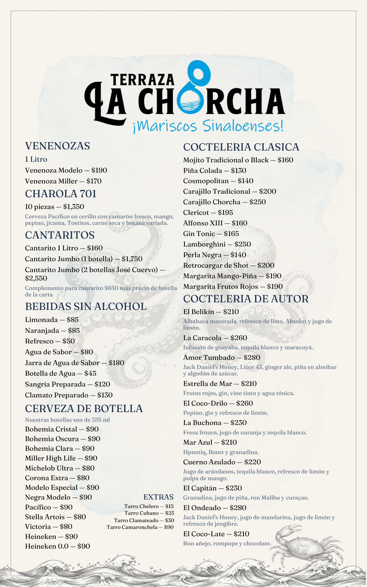 Menú: Venenozas, Cantaritos, Cervezas y Coctelería