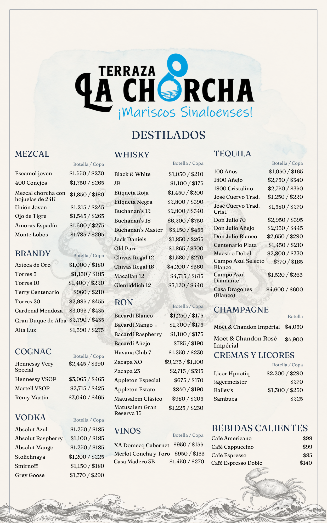 Menú: Destilados, Mezcal, Whisky, Tequila, Vinos y Licores
